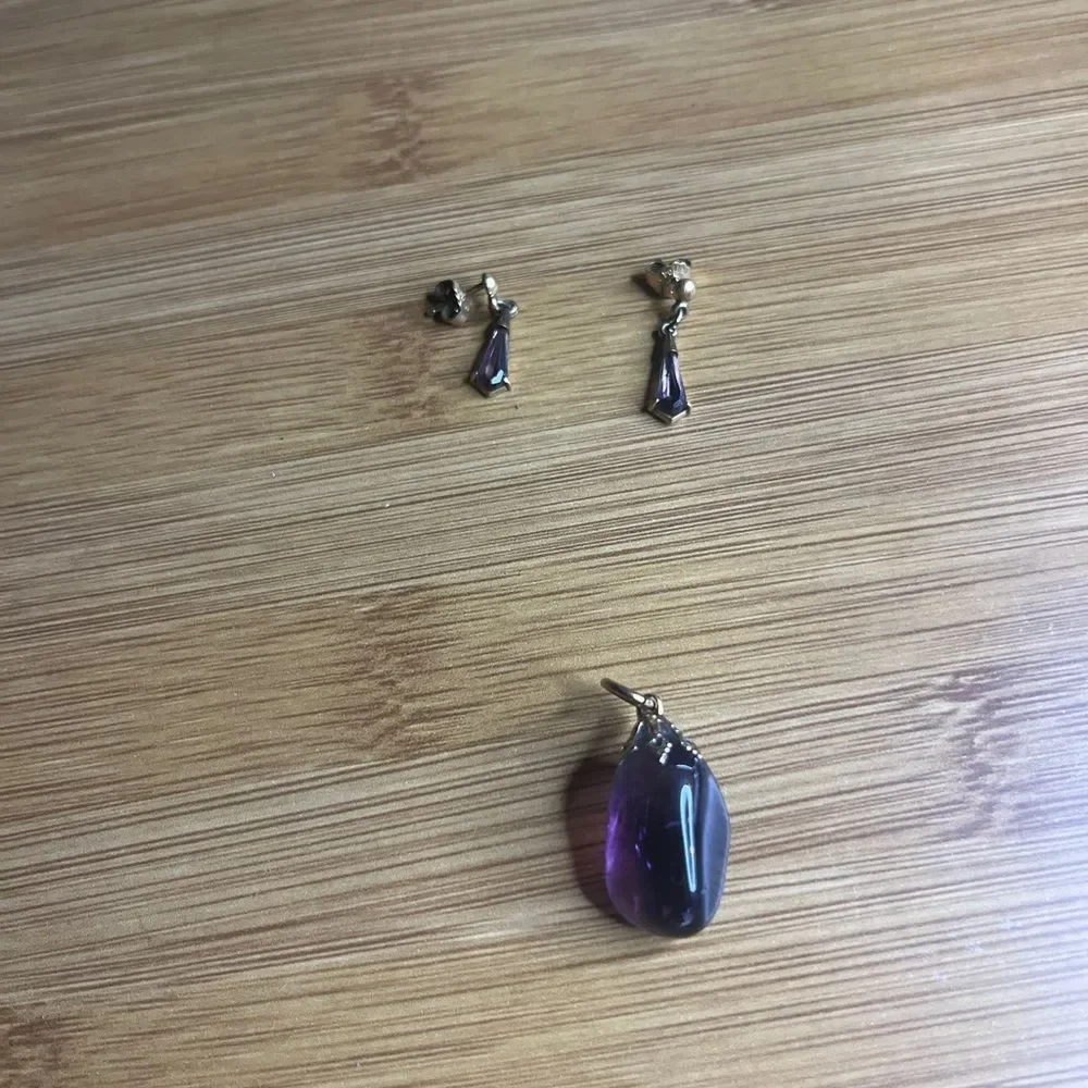 Vintage Gold & Genuine Amethyst Drop Earrings with Matching Pendant